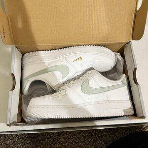 Nike White and Mint Air Force 1 Sneakers with Gold Accent